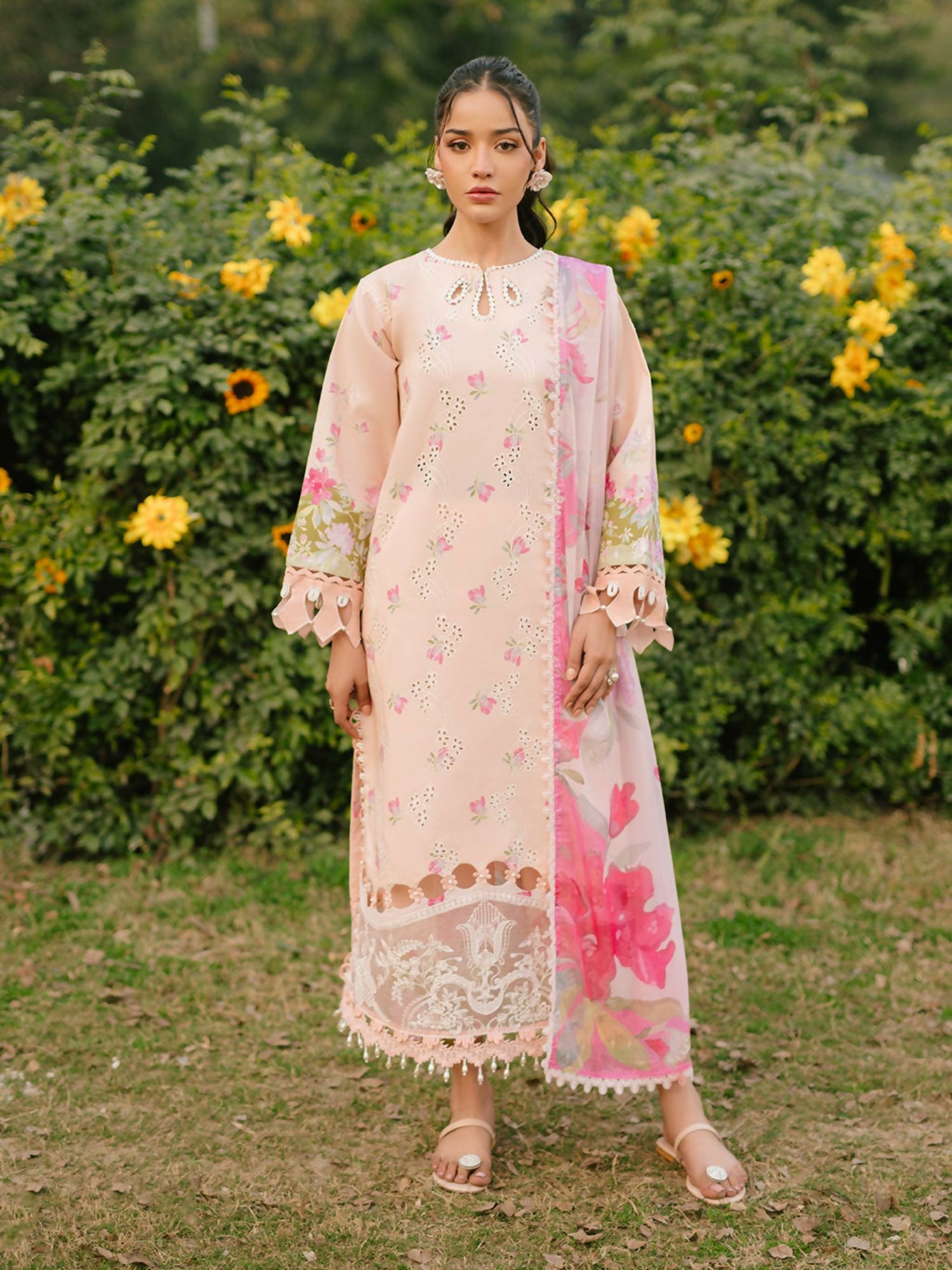 Parishay embroidered lawn front with intricate neckline and borders – stitched 3-piece suit