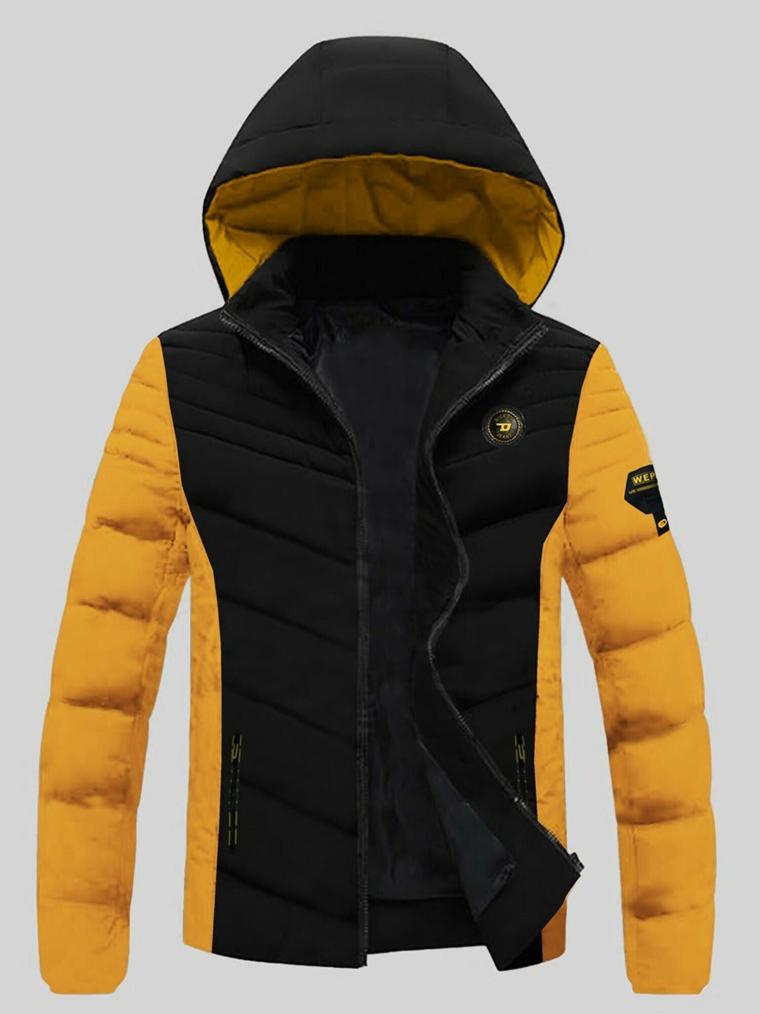 Funky men’s imported heavy insulated padded puffer jacket, designed for maximum warmth, comfort, and winter style.