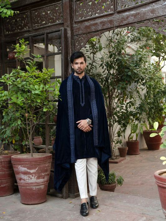 Navy Fabrich Men Luxury Embroidered Velvet Shawl-GTS-VS-006