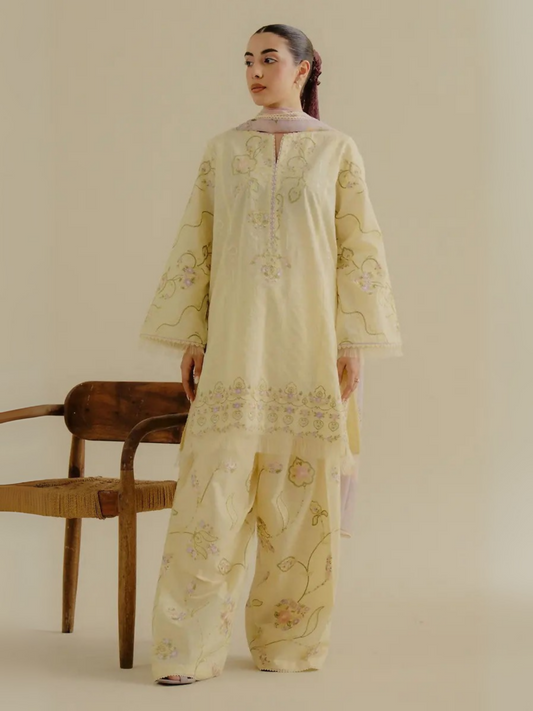 Unstitched 3-piece embroidered suit with jacquard shirt panels, embroidered cambric trouser, and chiffon dupatta—ideal for formal or semi-formal wear.