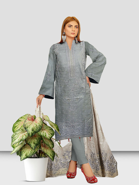 Unstitched 3-piece suit with embroidered Bana Dora lawn shirt, jacquard dupatta, and plain dyed cotton trouser.