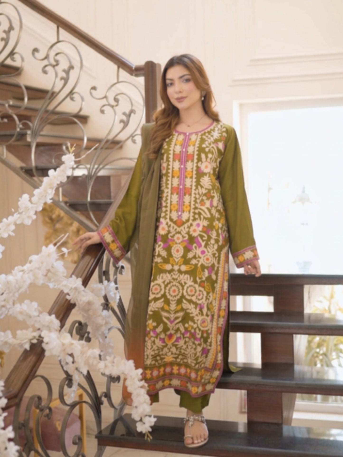 Green-Zeephire Linen Embroidered Stitched 3-Piece Suit-Abeera B
