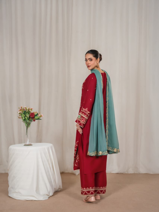 Tehzeeb Libas Linen Embroidered Stitched 3-Piece Suit-Aroha