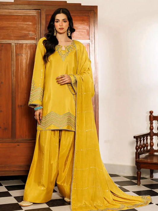 Panache Apparel Noore Eid Edit Sheesha Silk Embroidered Stitched Suit-Zimal
