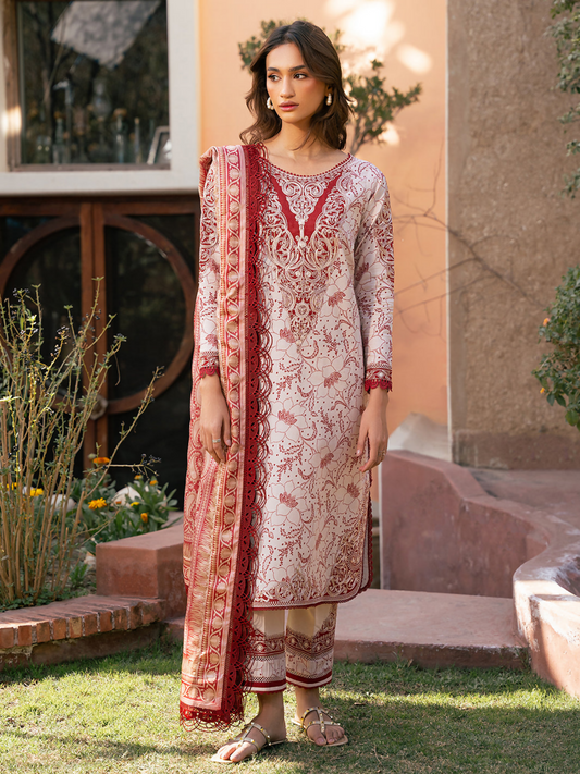 Digital printed lawn suit in cool tones with embroidered motifs and a printed silk dupatta.