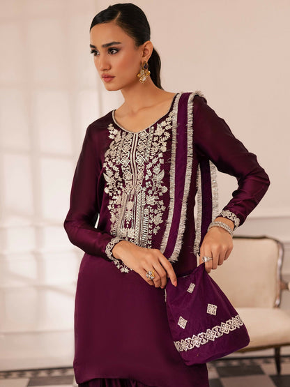 Allure By IH Be-My-Guest Thai Silk Embroidered Stitched 3-Piece Suit-Raisin