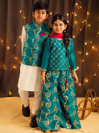 Kidoz Kloset Raw Silk Embroidered Stitched 3-Piece Suit-Dazzling Delight-Teal Embroidered Palazzo Set