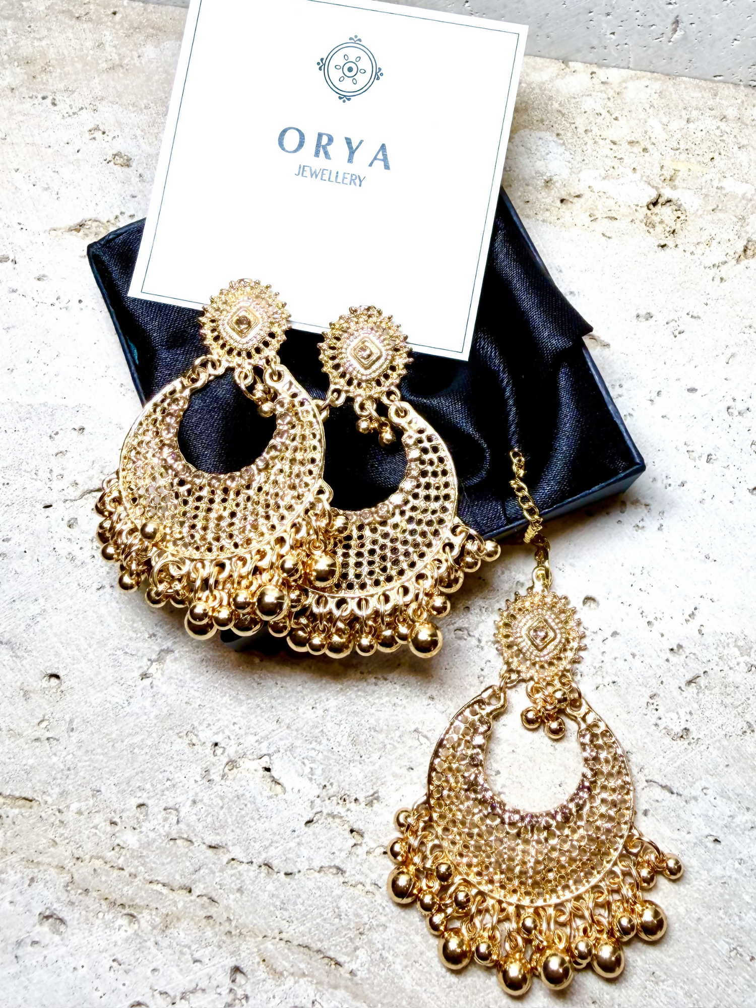 Orya Jewellery Maang Tikka Earrings Set-Gold S11
