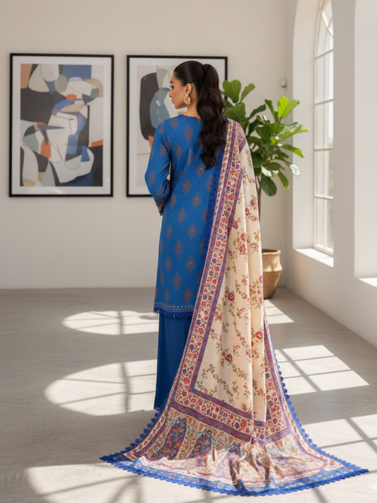 Mausummery Linen Printed Unstitched 3-Piece Suit-Ferozeh