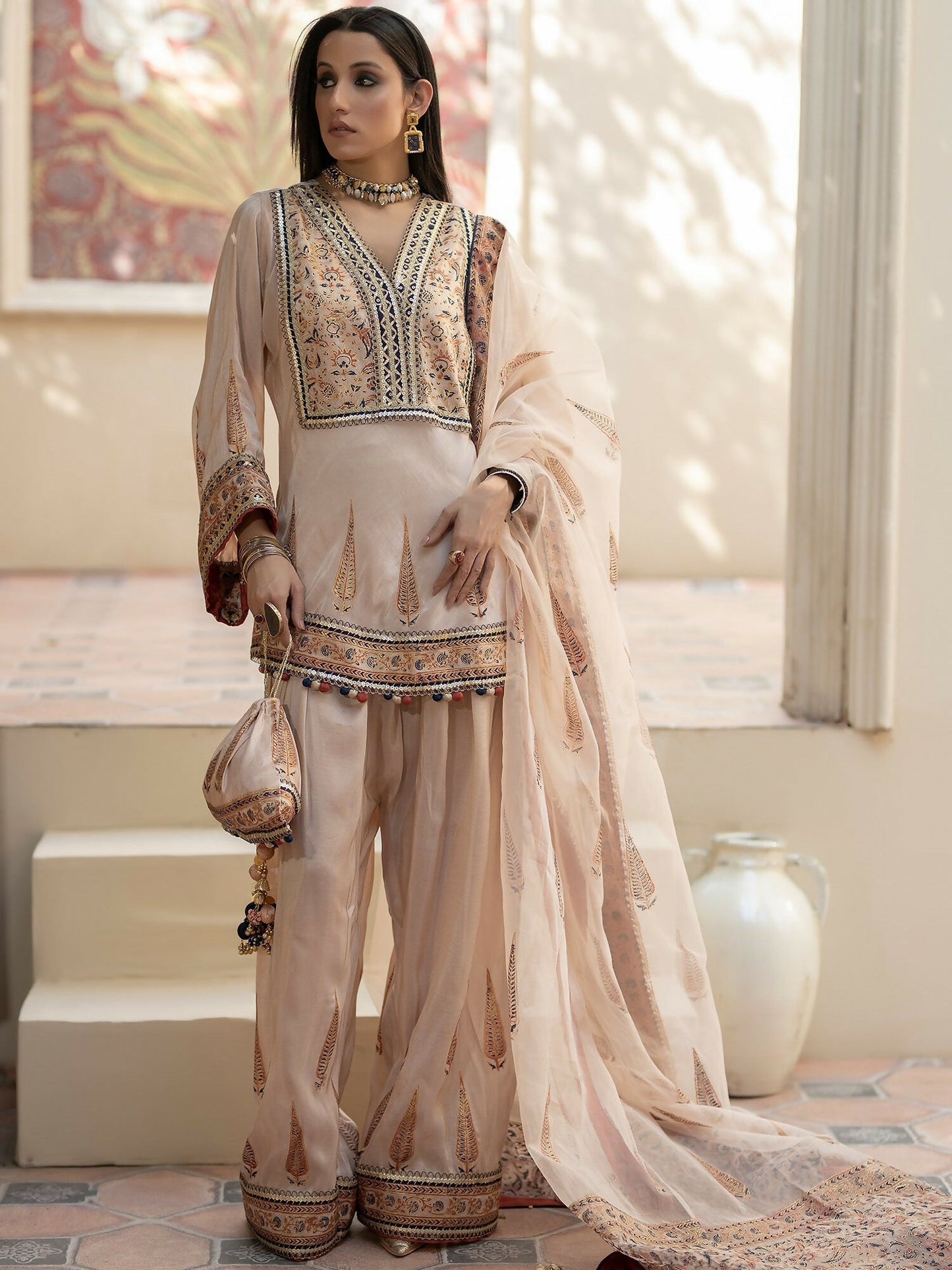 Shiza Hassan Chap Tilak Formals Pure Tusser Silk Embroidered Stitched 3-Piece Suit-Rosy Mist