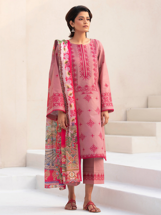 Midnight-toned embroidered lawn shirt with sequin detailing, paired with a vibrant digitally printed silk dupatta and plain dyed cotton trouser.