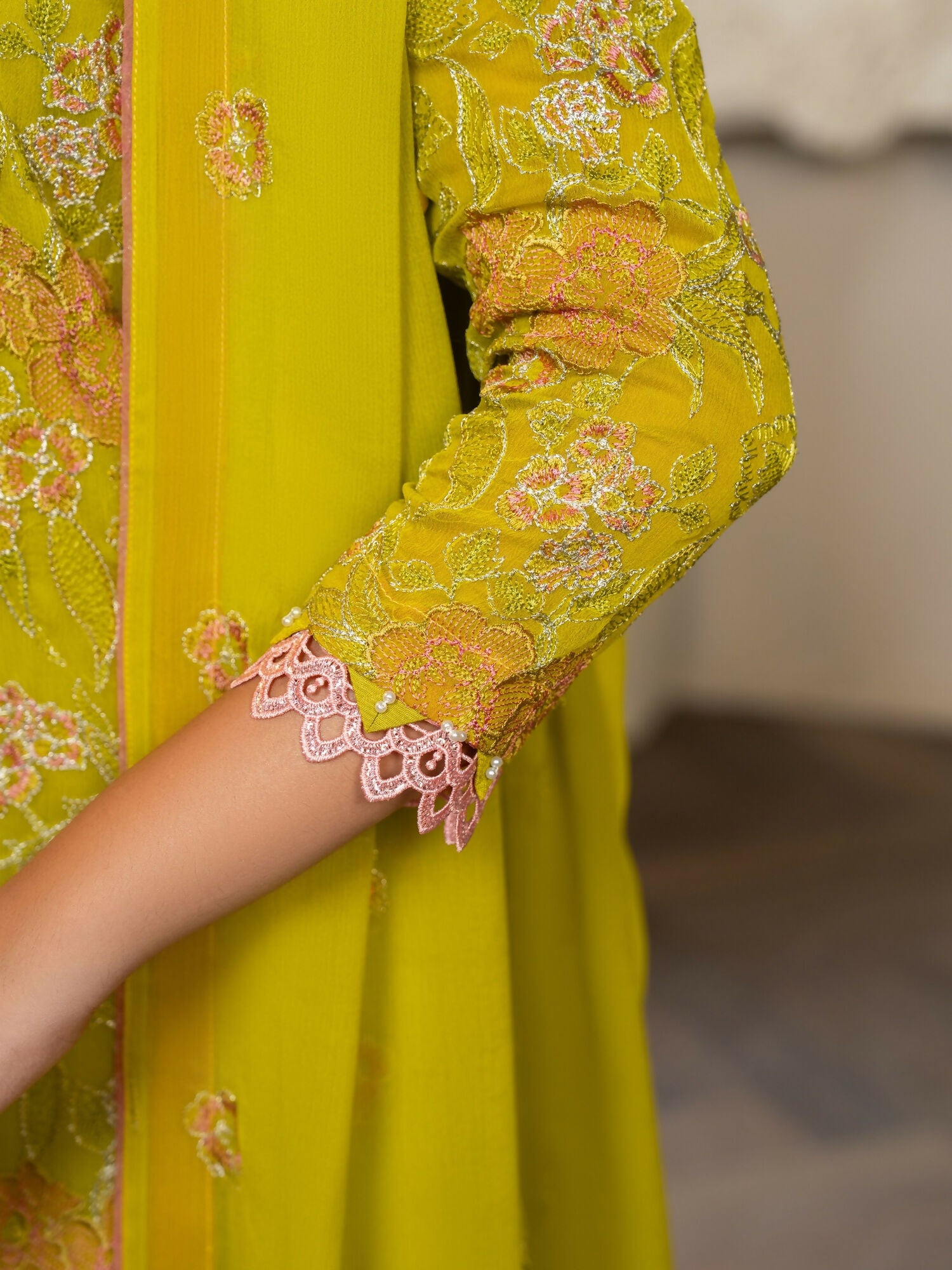 Hemstitch Chiffon Embroidered Stitched 3-Piece Suit-Parrot Green