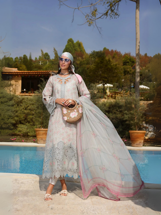 Pastel floral digital printed lawn unstitched 3-piece suit with chiffon dupatta by Noor Saadia Asad.