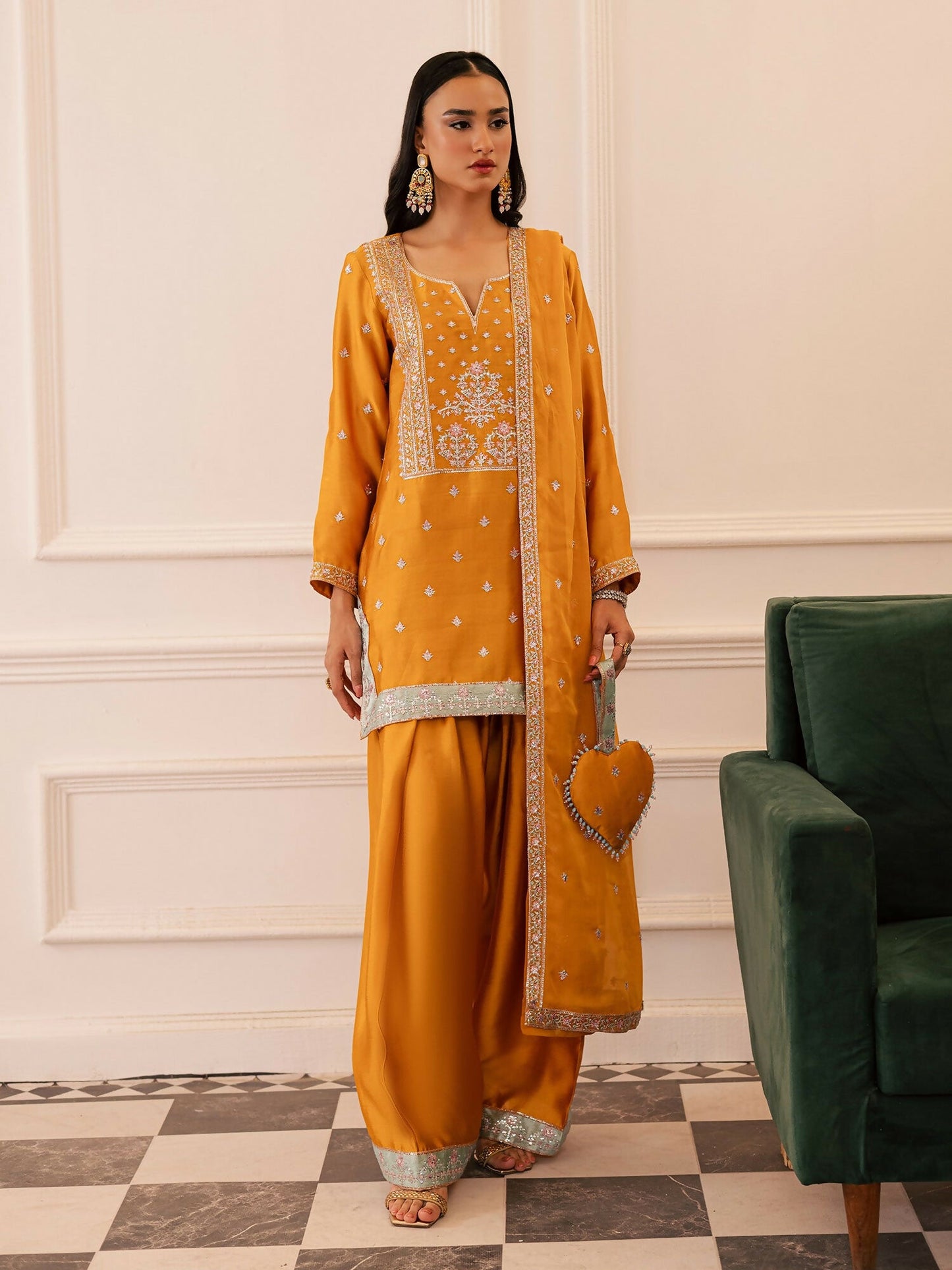 Allure By IH Be-My-Guest Thai silk Embellished Stitched 3-Piece Suit-Honey Burn