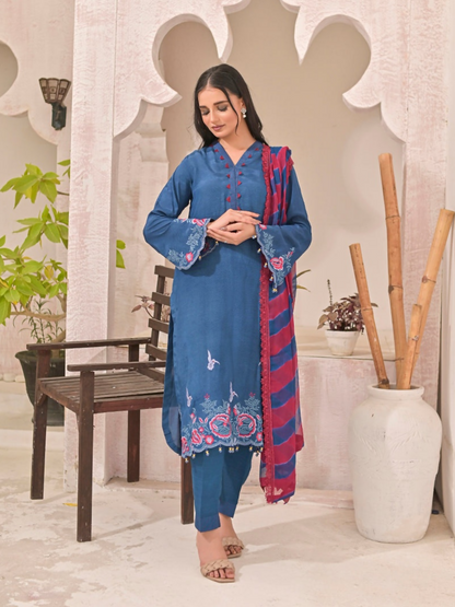 Ruby's Couture Panache Raw Silk Embroidered Stitched 3-Piece Suit-Blue Rush