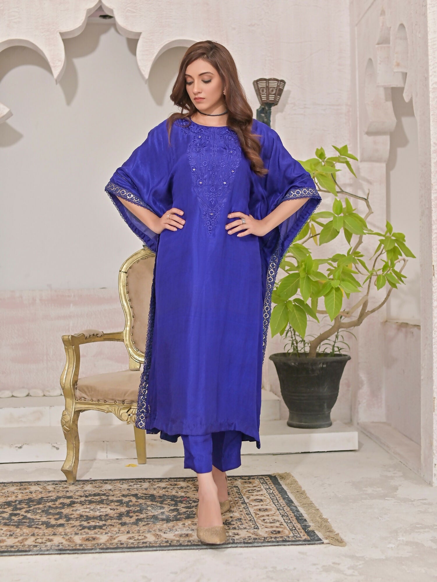 Ruby's Couture Shireen Silk Embroidered Kaftan Set-Alisha