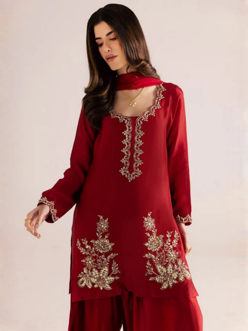 Allure By IH Silver Night Tussel Silk Embroidered Stitched 3 Piece Suit Rose Wood