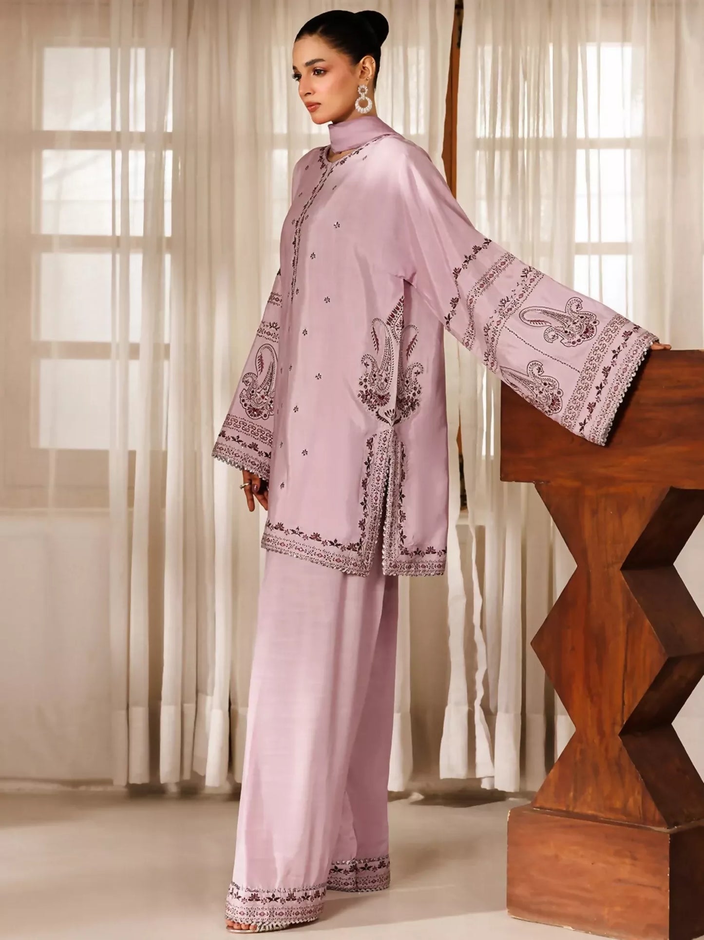 Panache Apparel Noore Eid Edit Sheesha Silk Embroidered Stitched Suit-Gull