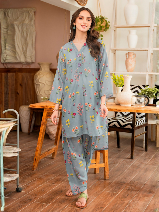 Panache Apparel Floral Fusion Lawn Printed Co-Ord Set-Azure