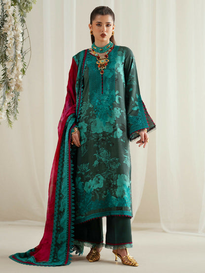 Binilyas Eres Bonita Viscose '25 embroidered unstitched suit with printed shirt, organza lace, chiffon dupatta, and printed trouser.