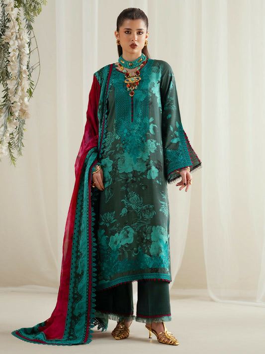 Binilyas Eres Bonita Viscose '25 embroidered unstitched suit with printed shirt, organza lace, chiffon dupatta, and printed trouser.