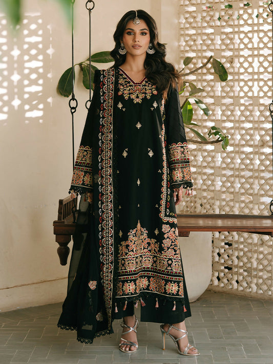 Unstitched 3-piece luxury lawn suit from Mahnur Shanaya Luxury Lawn collection with embroidered lawn front, embroidered chiffon dupatta, and dyed trouser.