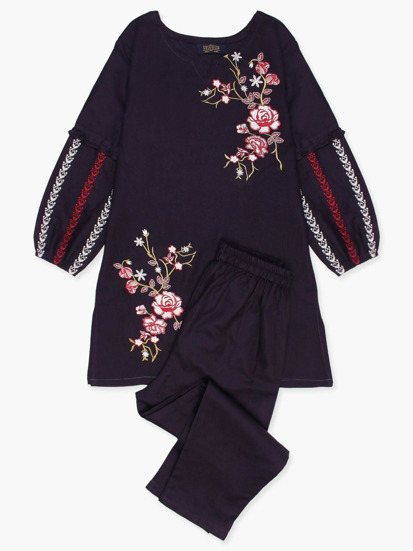 Velvour Girls Cotton Embroidered Stitched 2-Piece Suit-VG97-A