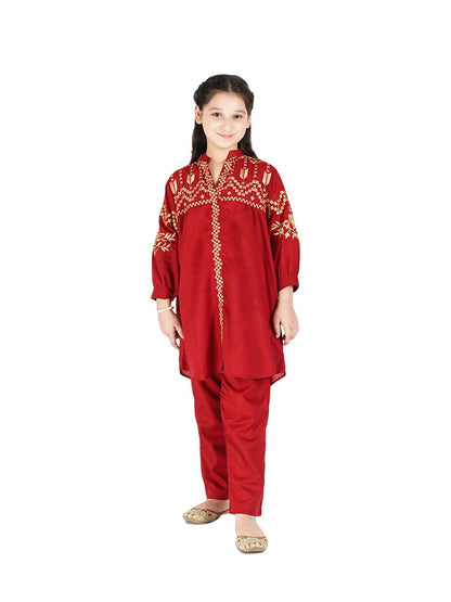 Dark Red Velvour Girls Embroidered Stitched 2-Piece Suit-VG77-D