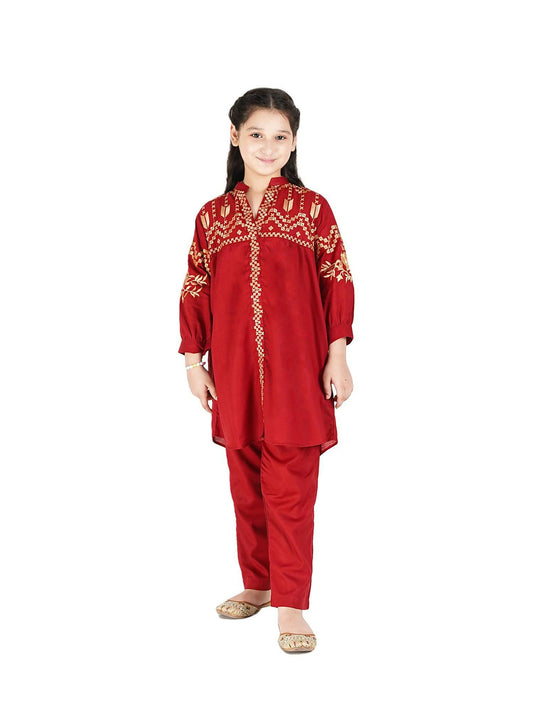 Dark Red Velvour Girls Embroidered Stitched 2-Piece Suit-VG77-D