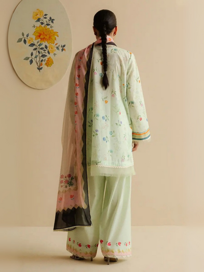 Unstitched 3-piece printed suit with multicoloured floral lawn shirt, printed cambric trouser, and digital printed silk dupatta.