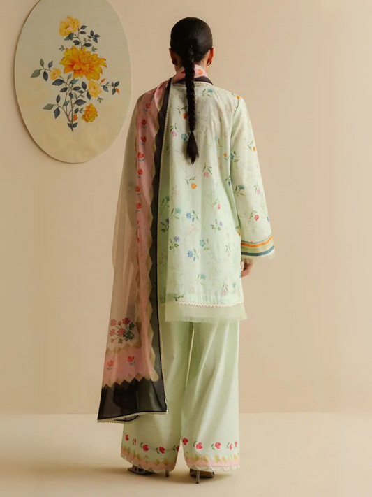 Unstitched 3-piece printed suit with multicoloured floral lawn shirt, printed cambric trouser, and digital printed silk dupatta.