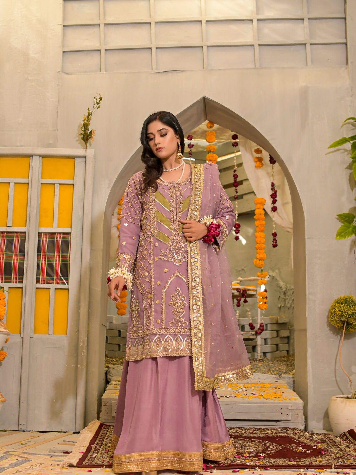 Ruby's Couture Poshak Plain Organza Embellished Lehenga-Mayal