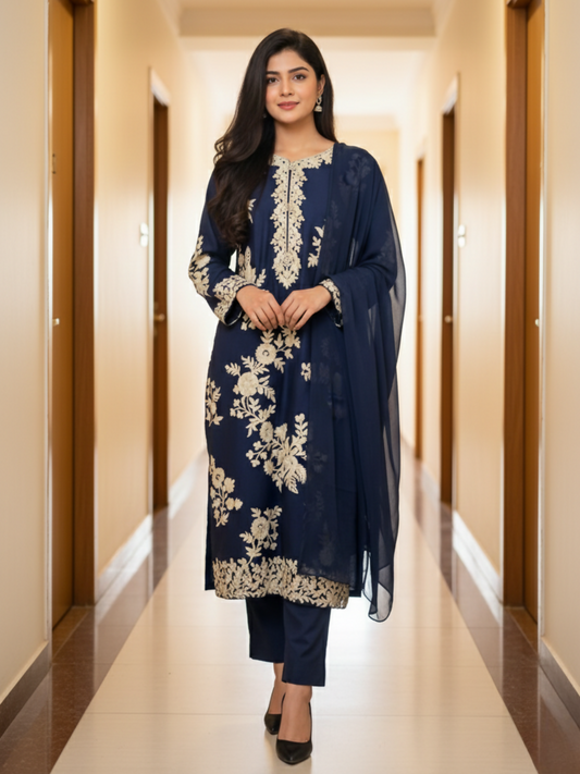 Zeephire Linen Embroidered Stitched 3-Piece Suit-Kawiya