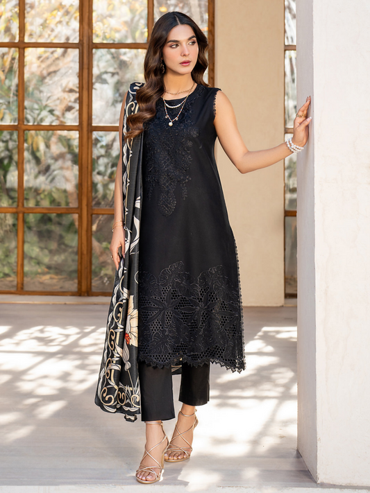 Unstitched 3-piece embroidered lawn suit featuring embroidered shirt, sleeves and back, embellished neckline, printed fancy silk dupatta, and dyed trouser.