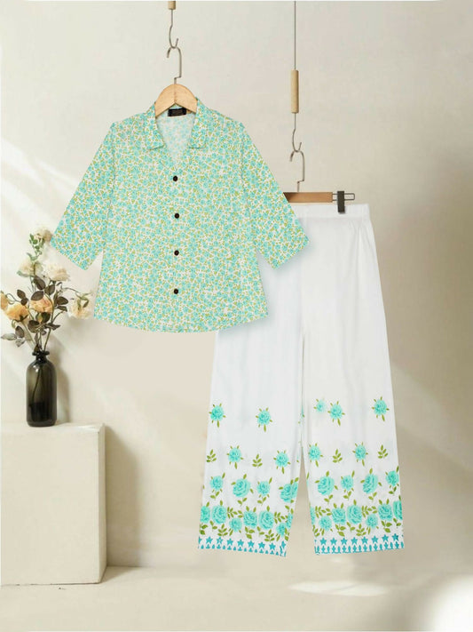 Mint Green, Yellow and White Velvour Girls Printed Co-ord Set-VG161-A
