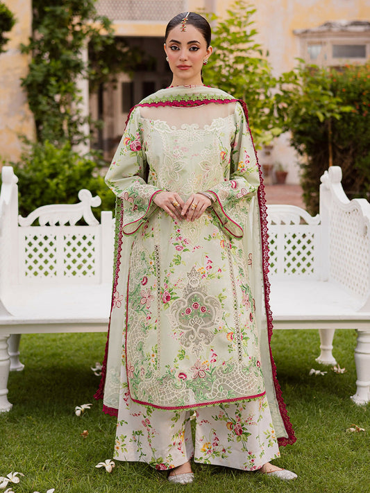 Mahnur Gulzar Viscose – Unstitched 3-Piece Suit with Embroidered Front, Neckline, Lace for Front, Side and Sleeves, Chiffon Dupatta, and Printed Trouser