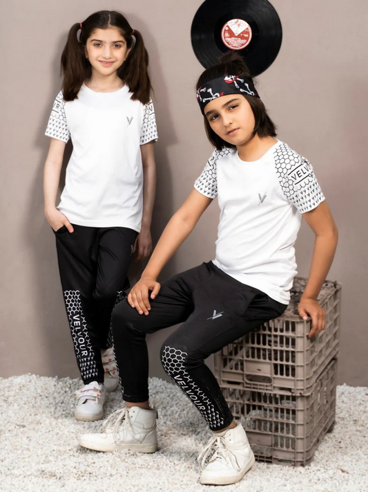 White and Black Velvour Boys & Girls Printed Track Suit-#VBTS09-C