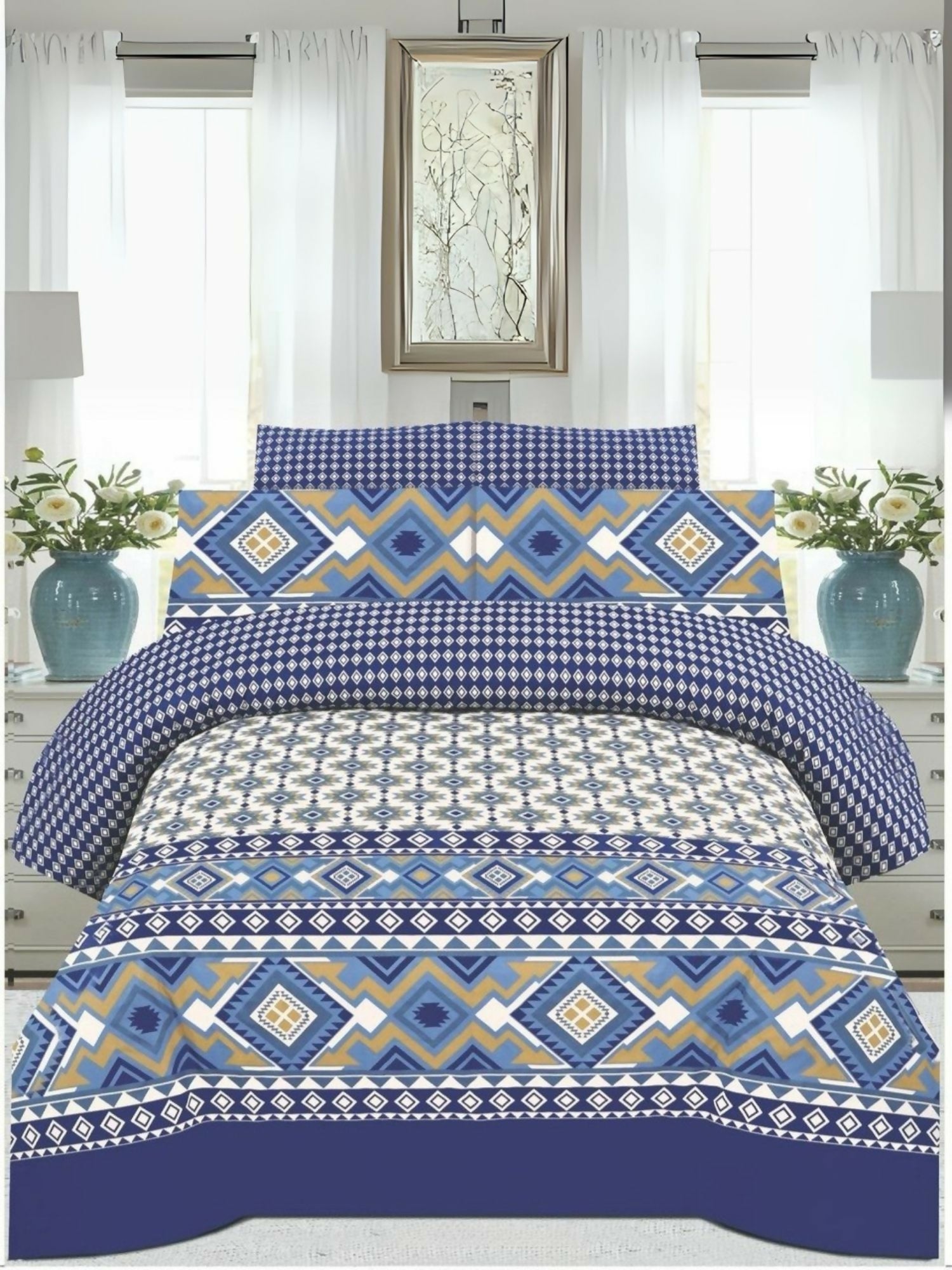 Danier 6pcs comforter set in blue with printed design – includes comforter, bedsheet, and four pillow covers.