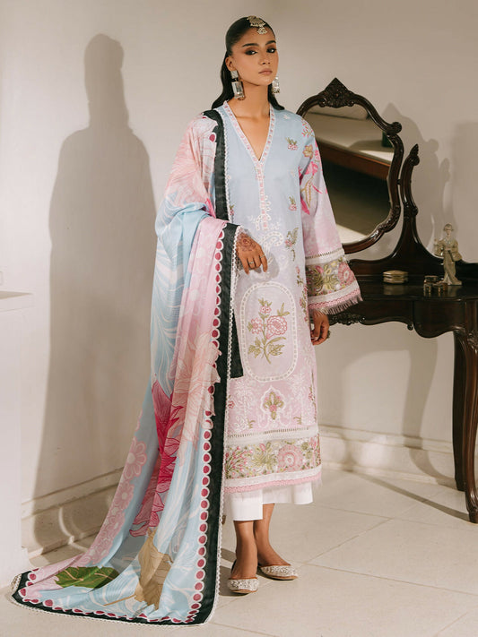 Unstitched 3-piece luxury lawn suit from Mahnur Shanaya Luxury Lawn collection with printed and embroidered shirt, silk dupatta, and dyed trouser.