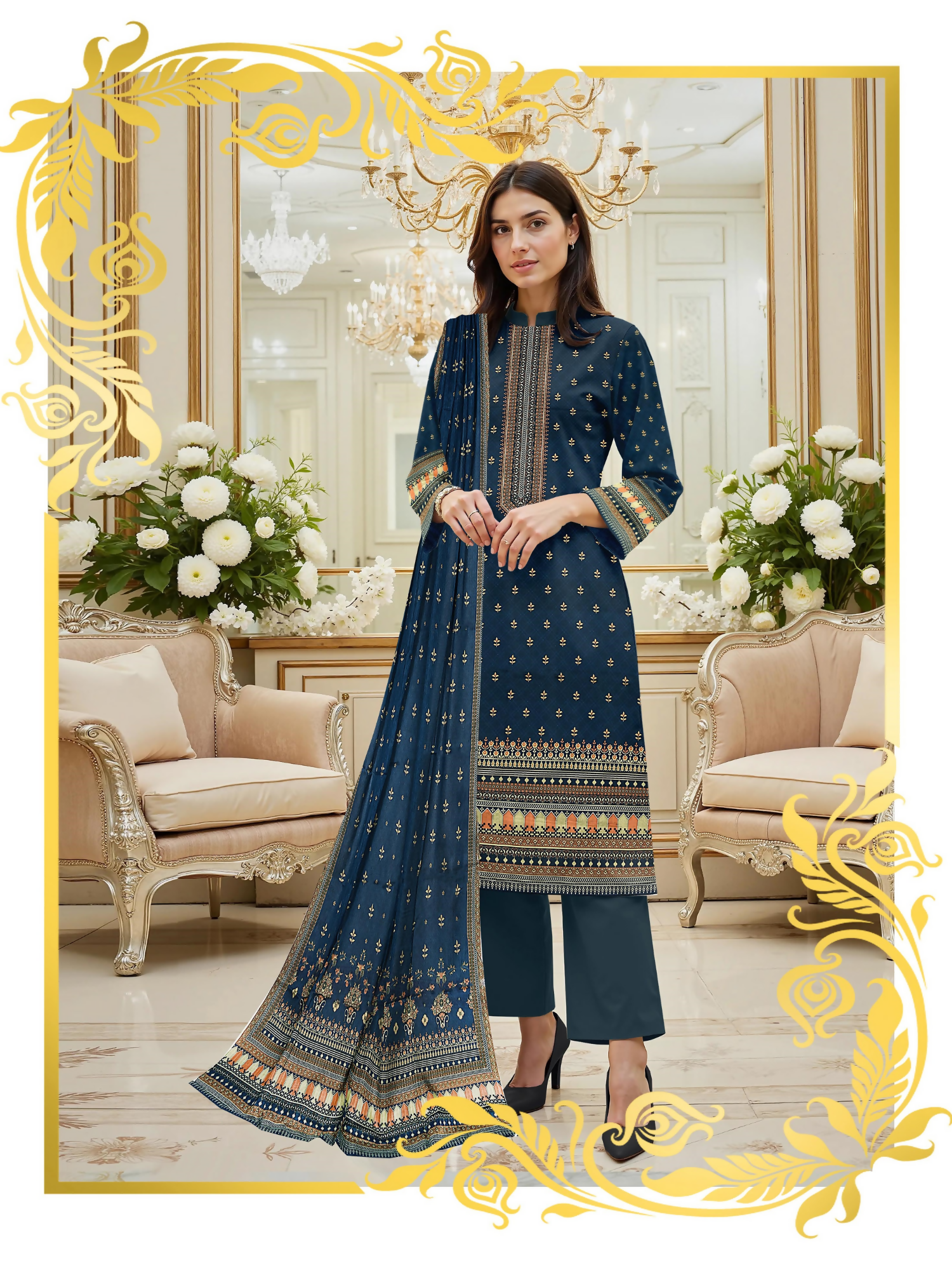Girl standing wearing an unstitched 3-piece suit with premium printed lawn shirt, slub voile dupatta, and dyed cotton trouser, styled for versatile summer wear.
