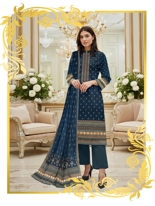 Girl standing wearing an unstitched 3-piece suit with premium printed lawn shirt, slub voile dupatta, and dyed cotton trouser, styled for versatile summer wear.