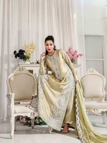 Farooq Hameed Studio Wedding Festive'25 Pure Glass Silk Embroidered Stitched 3-Piece Suit-Ismara