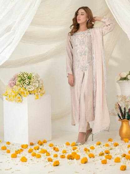 Ruby's Couture Gul-Bahar Khadi Embroidered Stitched 3-Piece Suit-Doodh Dulari