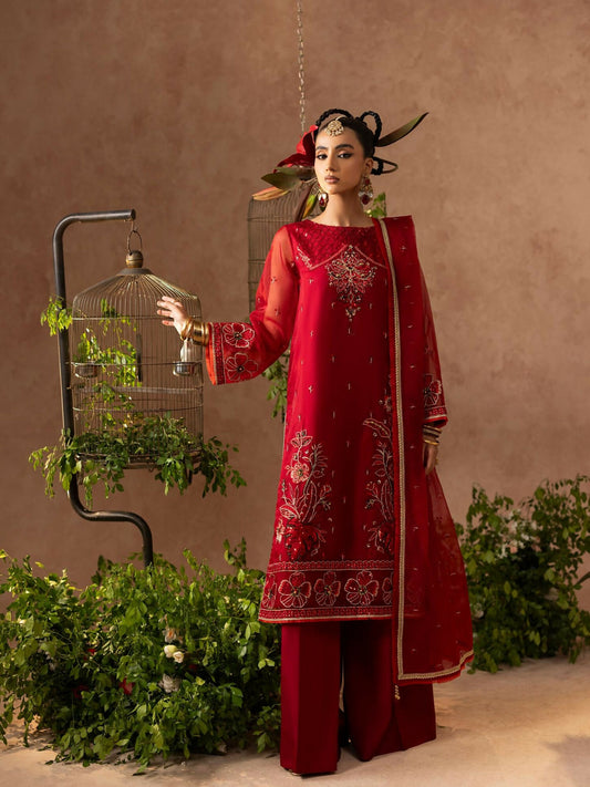 Shurooq Geet Organza Embroidered Stitched 3-Piece Suit-Mahia