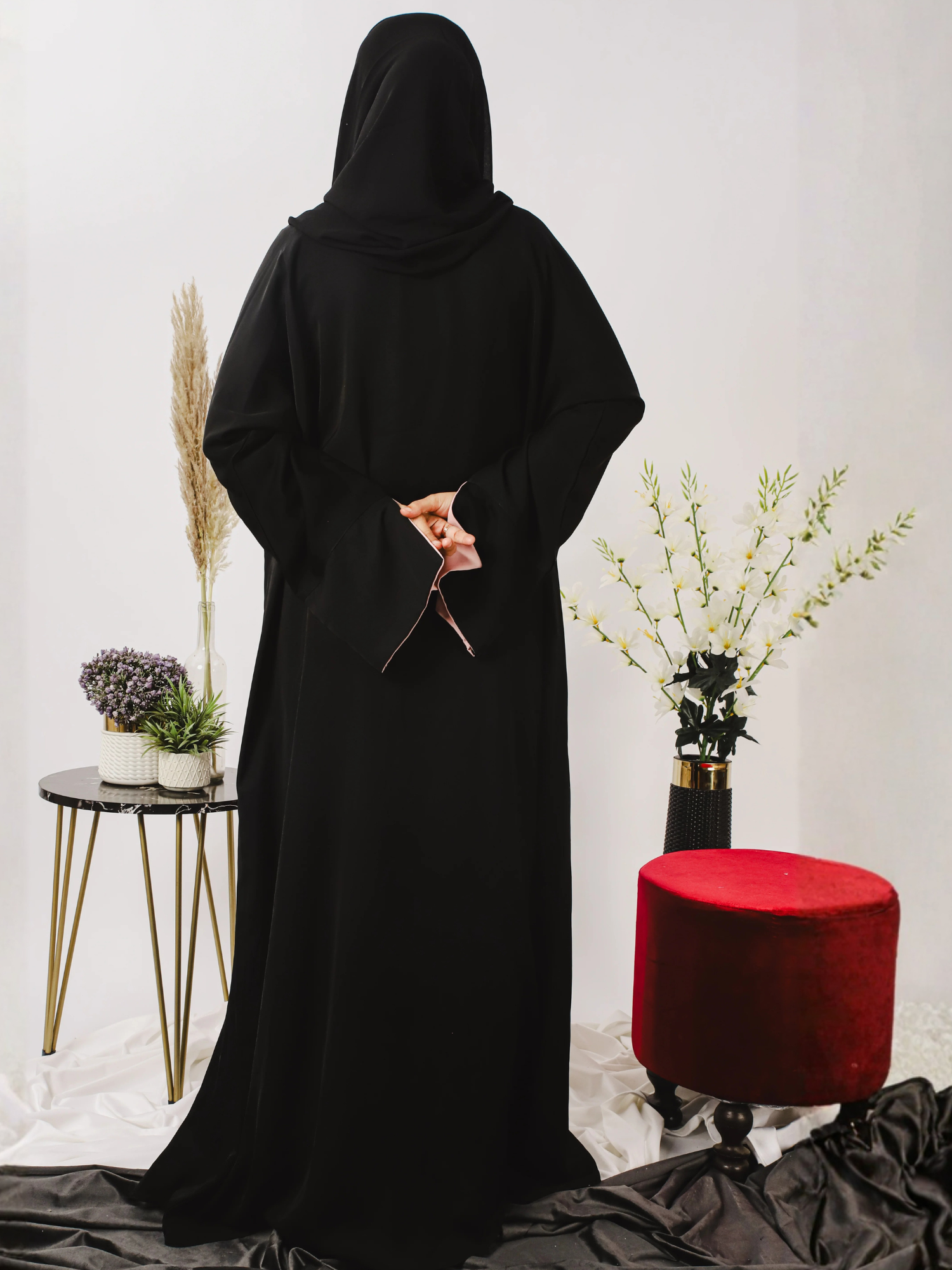 Pink and Black-Nourah Korean Nida Embellished Abaya-Layla