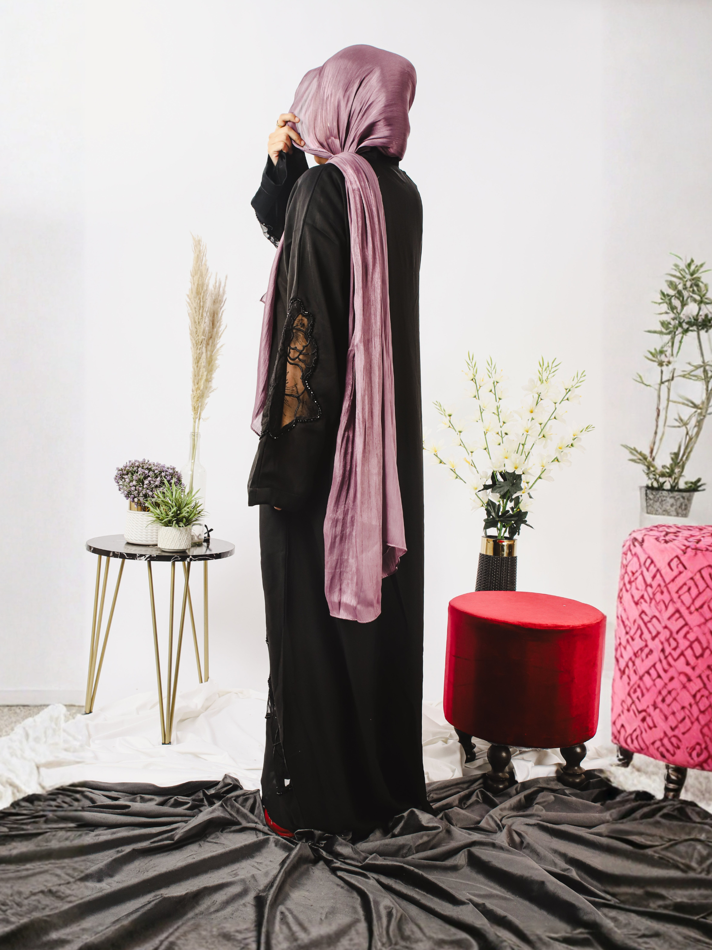 Black-Nourah Nida Embroidered Abaya-Mahal