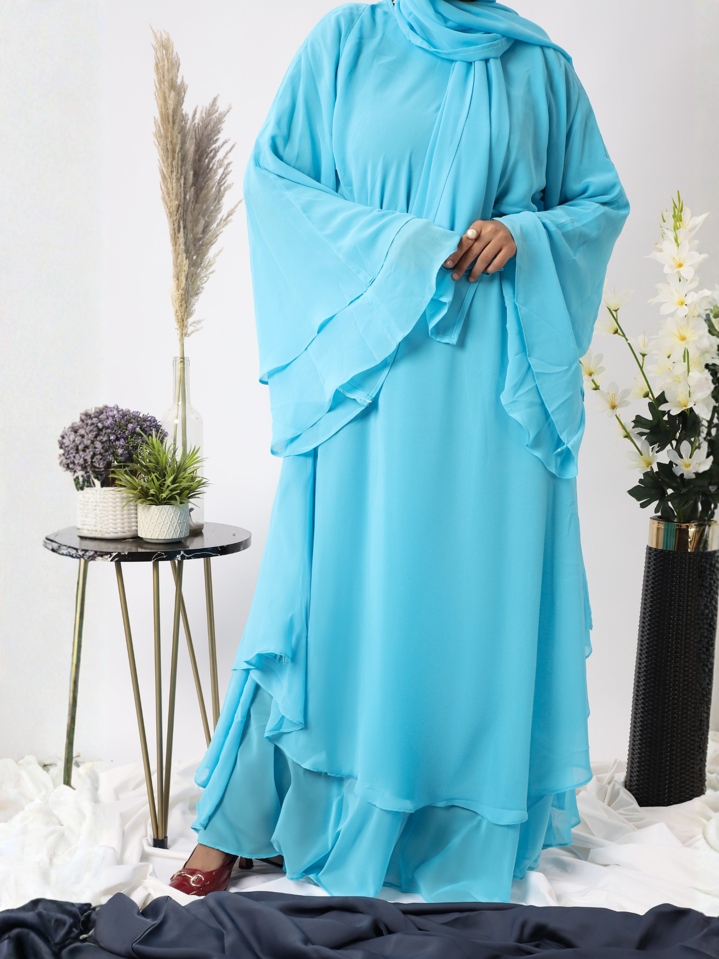 Blue-Nourah Moss Chiffon Abaya-Firoza