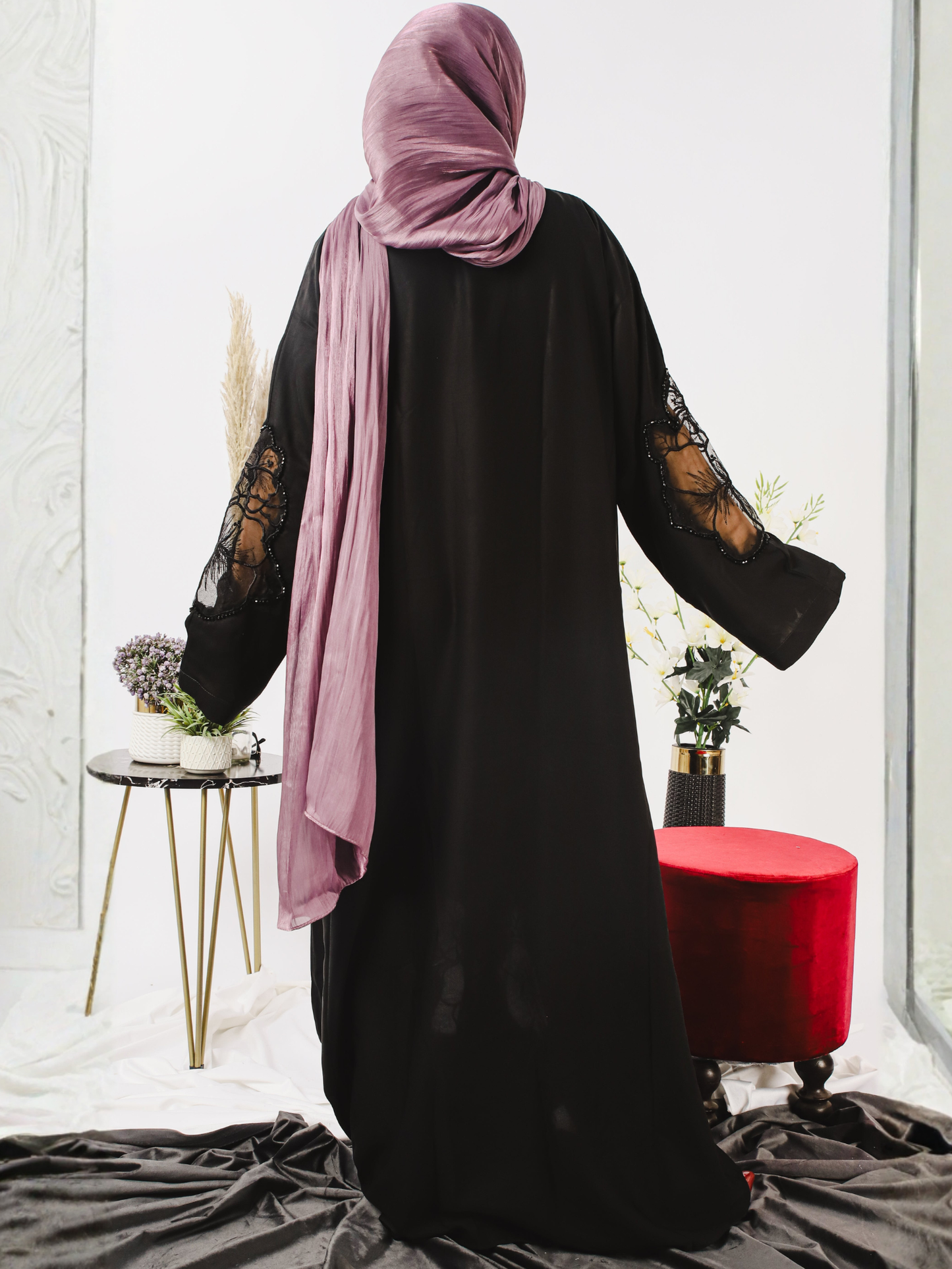 Black-Nourah Nida Embroidered Abaya-Mahal