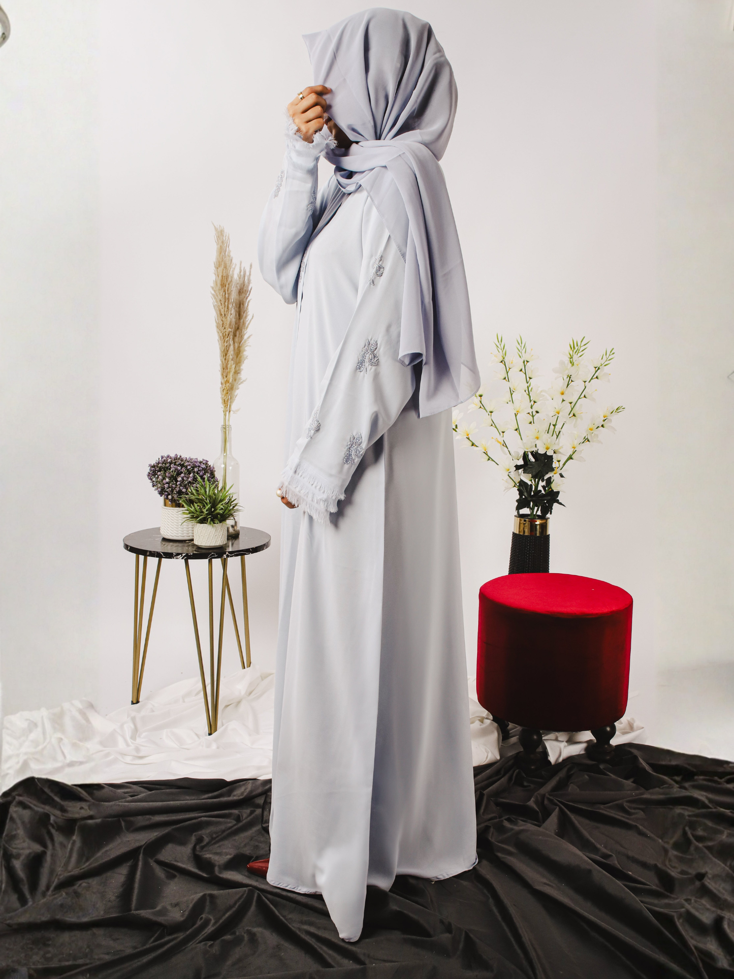 Grey-Nourah Moose Chiffon Embroidered Abaya-Fiza