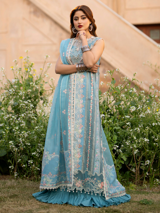 Bin Ilyas unstitched 3-piece suit with embroidered organza front and back, 3D floral details, dyed net embroidered dupatta, and dyed cotton trouser.